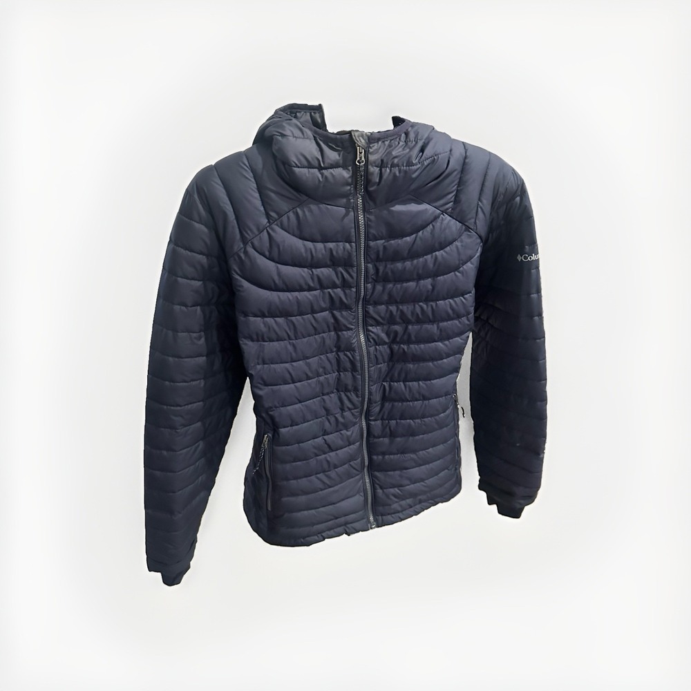 Columbia Powder Lite Hooded Jacket Women Sz XL Navy Blue Omni-Heat Puffer Hood